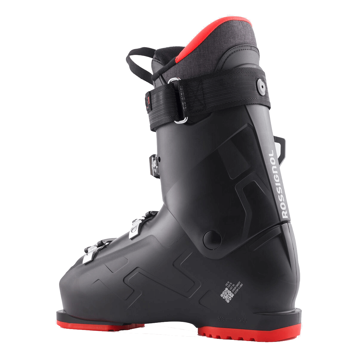 Black ski boot with red accents on a transparent background