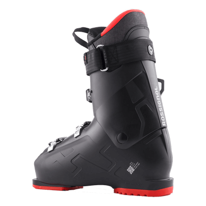 Black ski boot with red accents on a transparent background