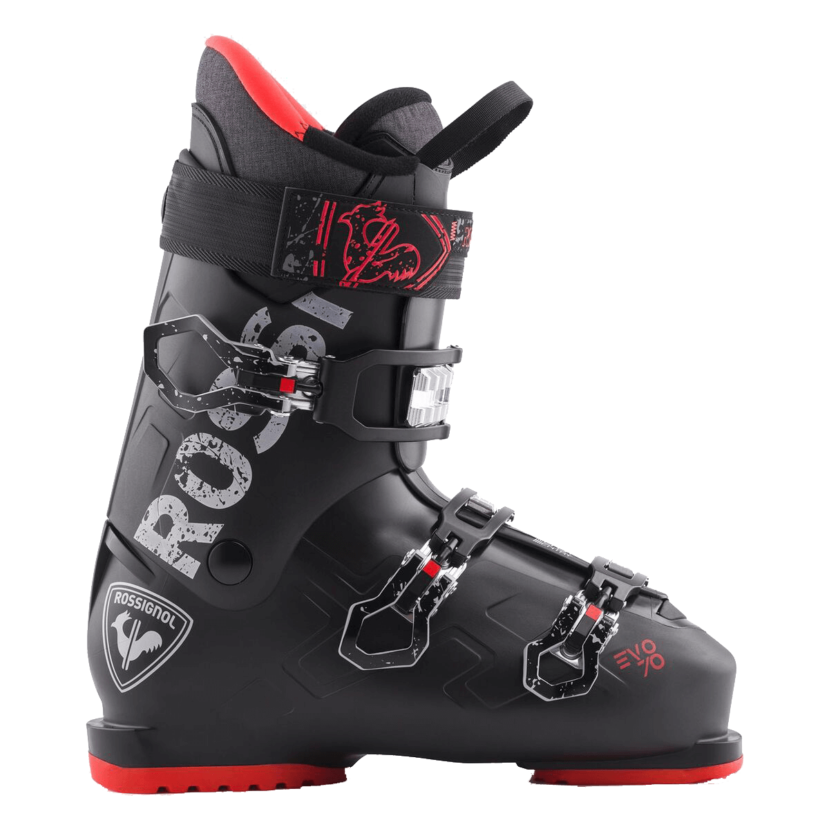 Black ski boot with red accents on a transparent background
