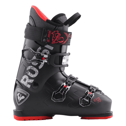 Black ski boot with red accents on a transparent background