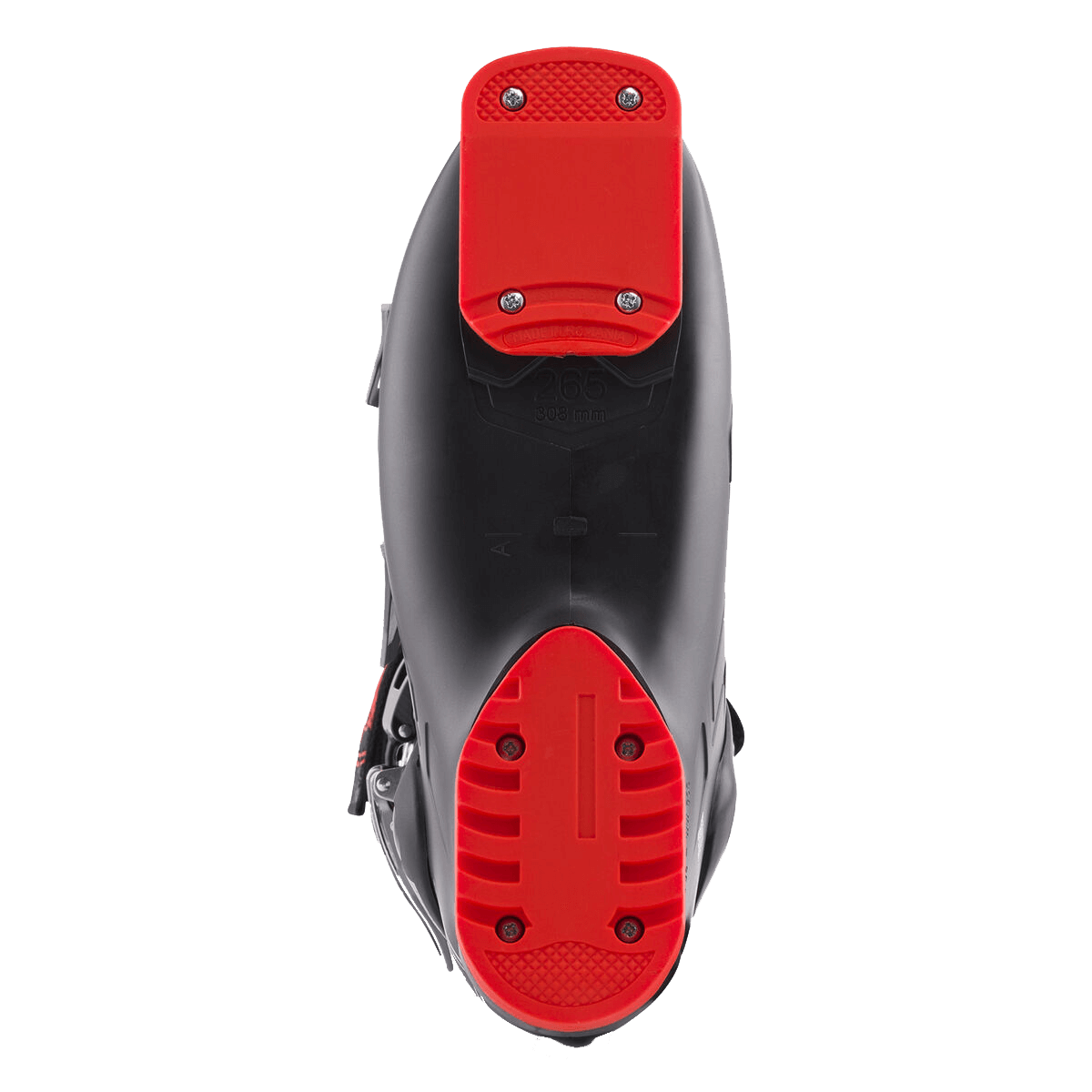 Close-up of a scooter with red foot pegs on a black background