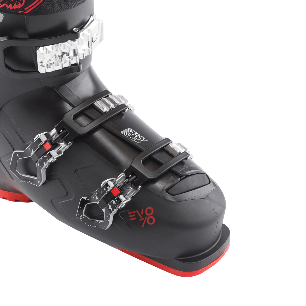 Black ski boot with red accents on a white background