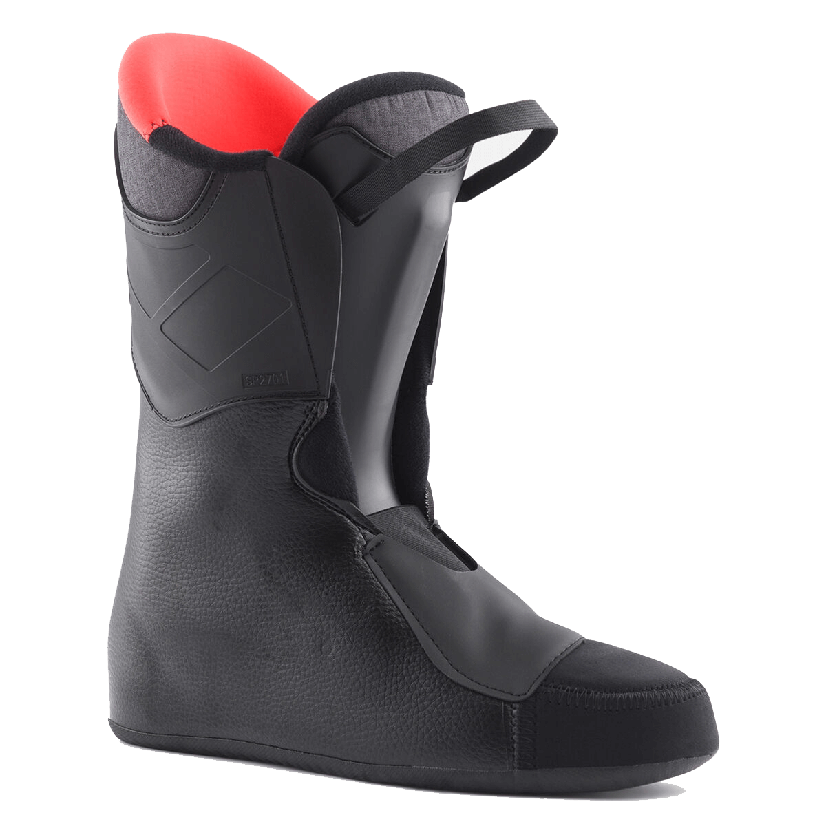 Black ski boot with red interior on a white background