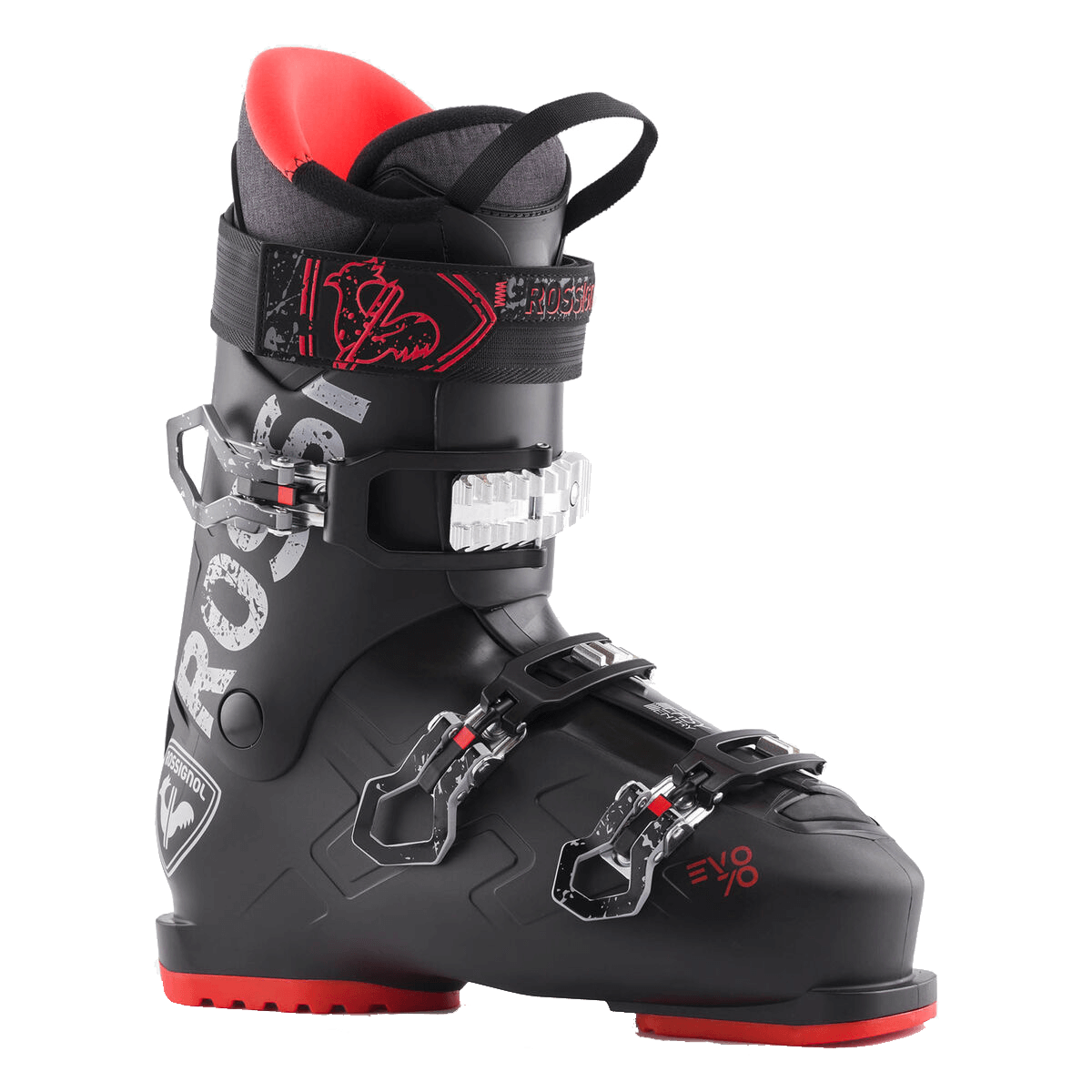 Black ski boot with red accents on a transparent background