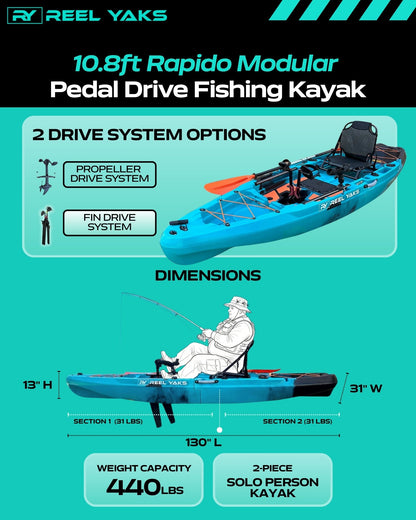 ReelYaks Rapido 10.8ft Fin Drive Modular Fishing Kayak