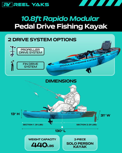 ReelYaks Rapido 10.8ft Propeller Drive Modular Fishing Kayak
