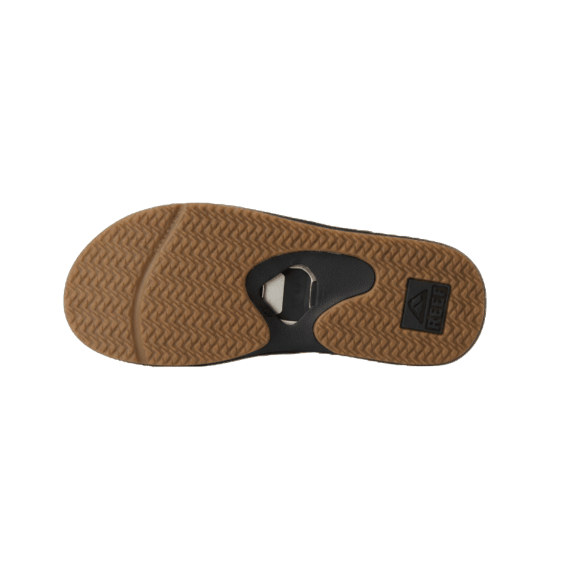 REEF FANNING FLIP-FLOPS – BLACK/SILVER - BOTTOM SOLE VIEW FEATURING THE BUILT-IN BOTTLE OPENER.