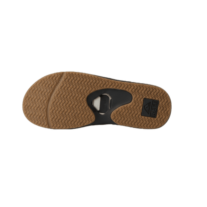 REEF FANNING FLIP-FLOPS – BLACK/SILVER - BOTTOM SOLE VIEW FEATURING THE BUILT-IN BOTTLE OPENER.
