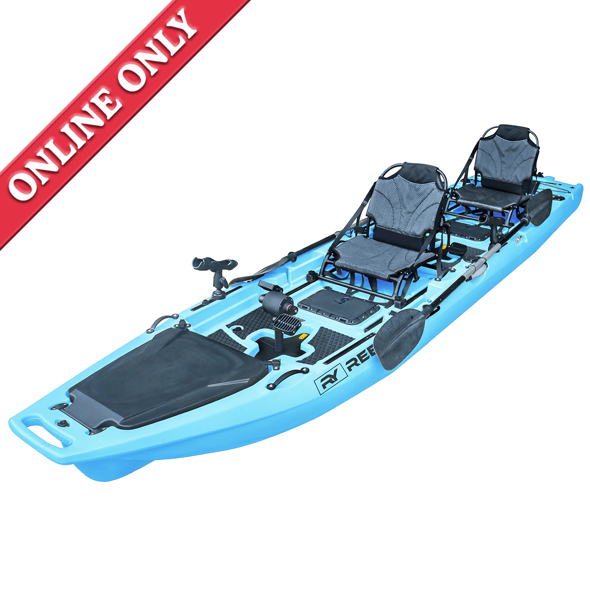 ReelYaks 13.8ft  Rocket Propeller Drive Tandem & Solo Modular Fishing Kayak | Propeller Drive | 550lbs Capacity | 3 Piece showing its sold online only