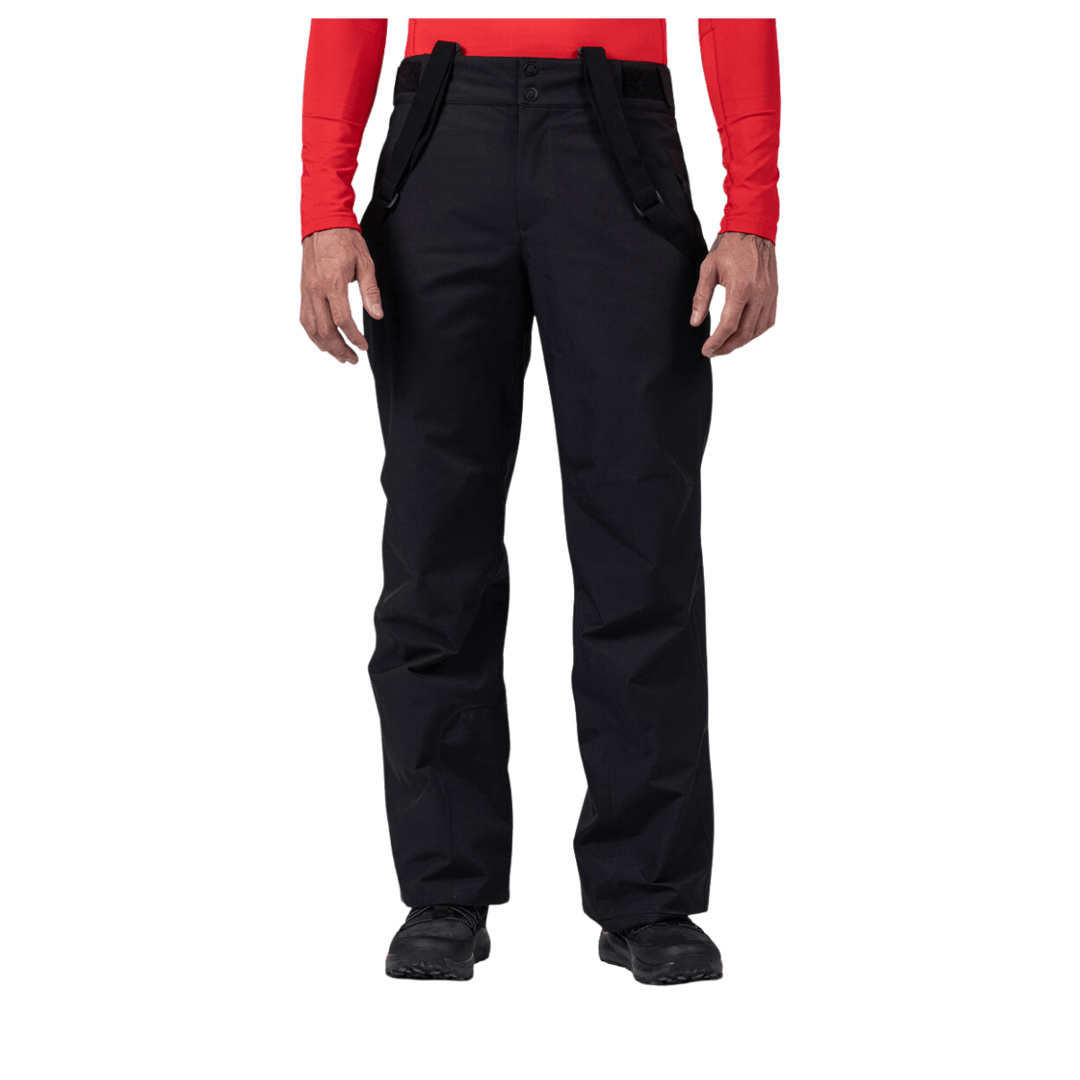 ROSSIGNOL MEN'S INSULATED SKI PANTS - BLACK - FRONT VIEW (IN USE)