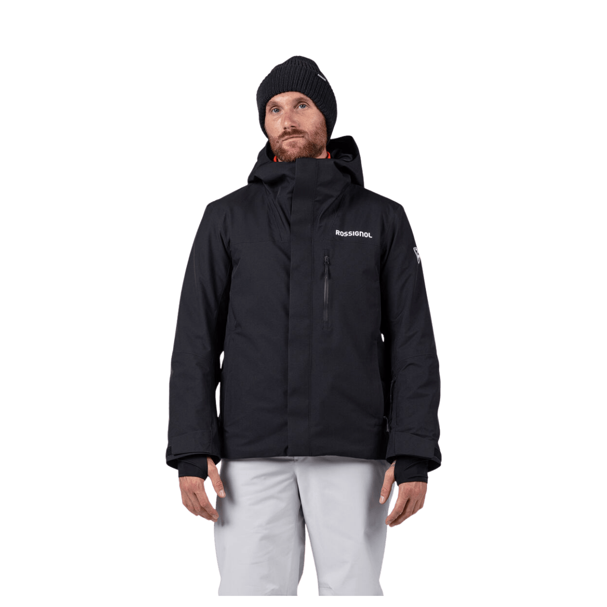 ROSSIGNOL MEN'S VELIKA INSULATED JACKET - BLACK - FRONT VIEW (IN USE)