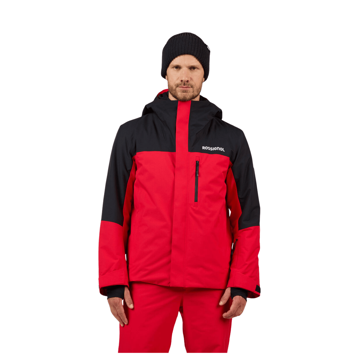 ROSSIGNOL MEN'S VELIKA INSULATED JACKET - SPORTS RED - FRONT VIEW (IN USE)