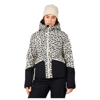 ROSSIGNOL WOMEN'S ROCHRUN ALLOVER JACKET - LEOPARD PRINT - FRONT VIEW (IN USE)