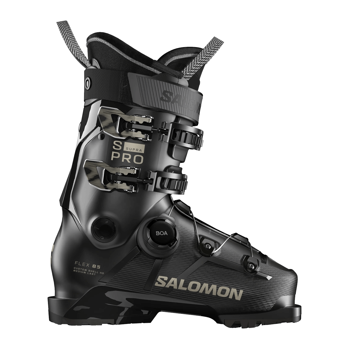 SALOMON WOMEN'S S/PRO SUPRA BOA 85 SKI BOOTS 2025/2026 - BLACK/BLACK/BRONZE - SIDE VIEW