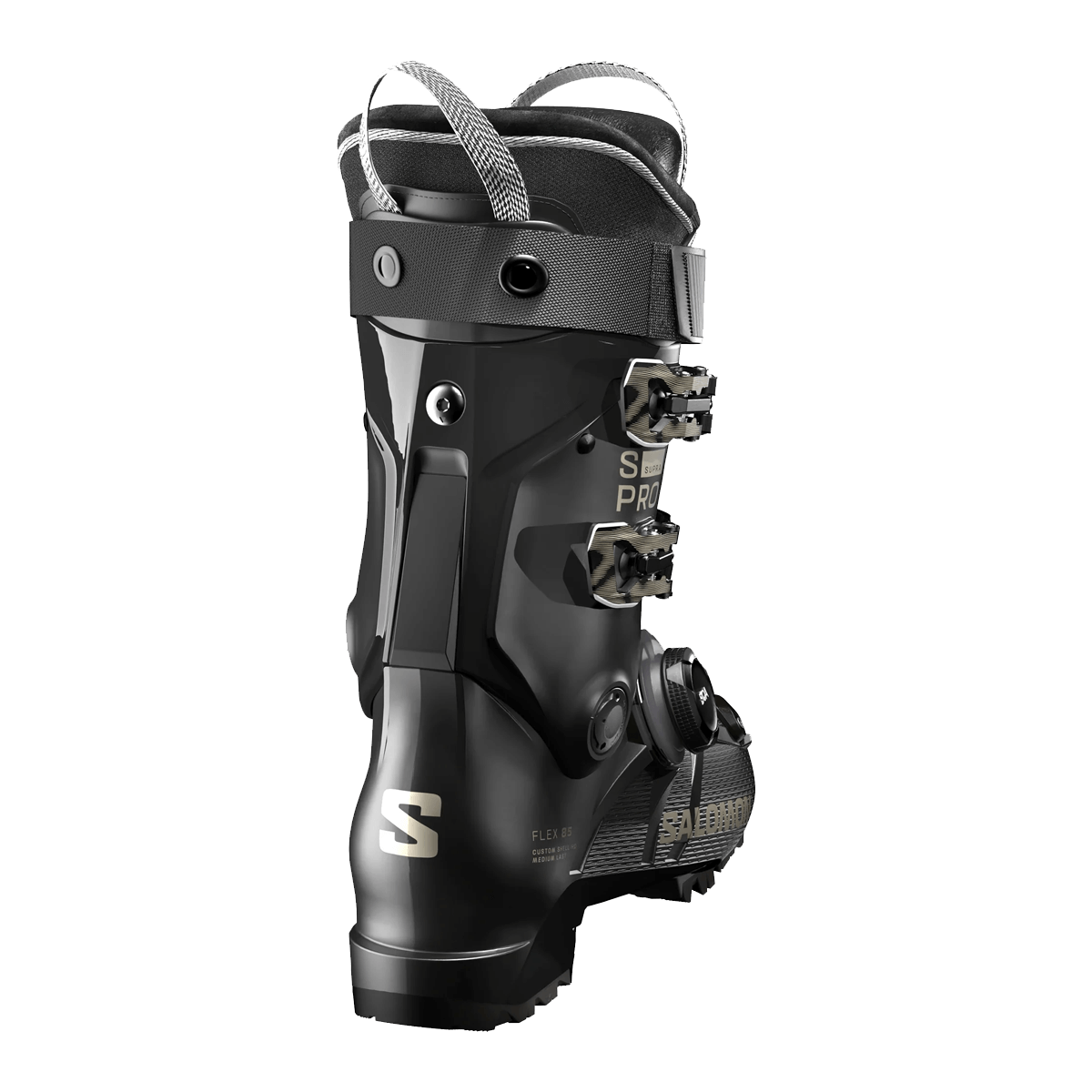SALOMON WOMEN'S S/PRO SUPRA BOA 85 SKI BOOTS 2025/2026 - BLACK/BLACK/BRONZE - REAR VIEW