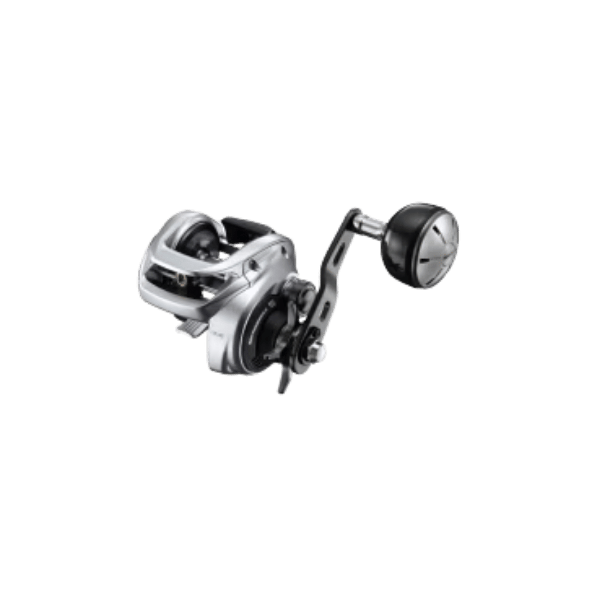 SHIMANO TRANX BAITCAST REEL 401HG B, BLACK AND SILVER, HANDLE VIEW