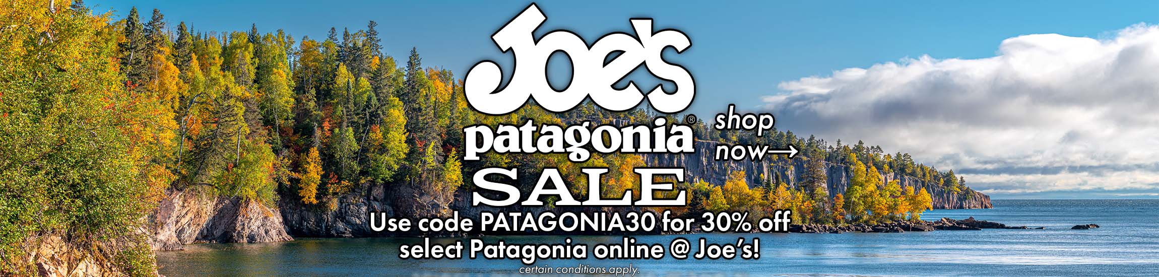 Promotional banner for Joe's Patagonia sale with a scenic background of trees and water.