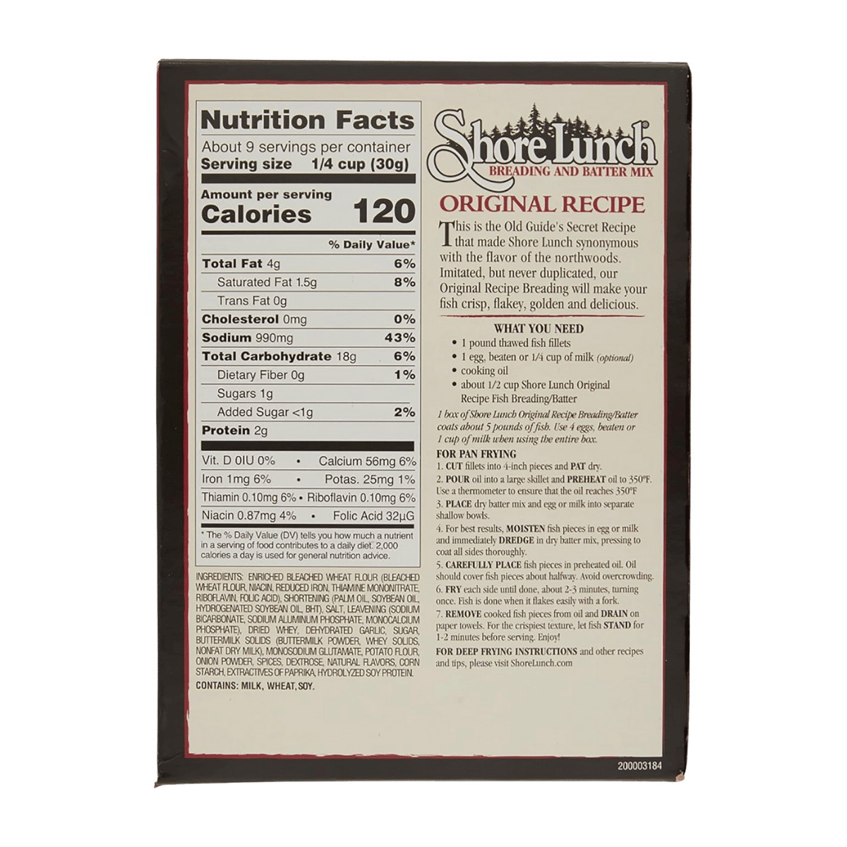 SHORE LUNCH ORIGINAL RECIPE FISH BREADING & BATTER MIX – 9 OZ BOX - BACK VIEW