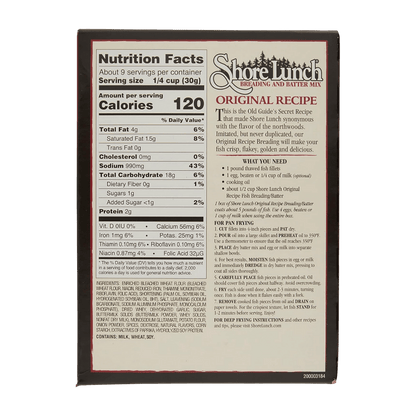 SHORE LUNCH ORIGINAL RECIPE FISH BREADING & BATTER MIX – 9 OZ BOX - BACK VIEW