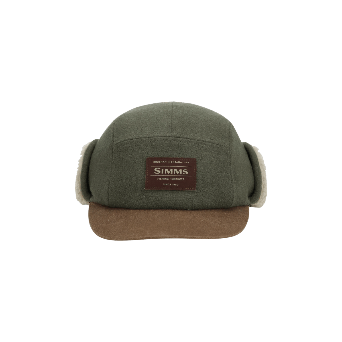 SIMMS COLDWEATHER CAP, LODEN, FRONT ANGLE. LOGO