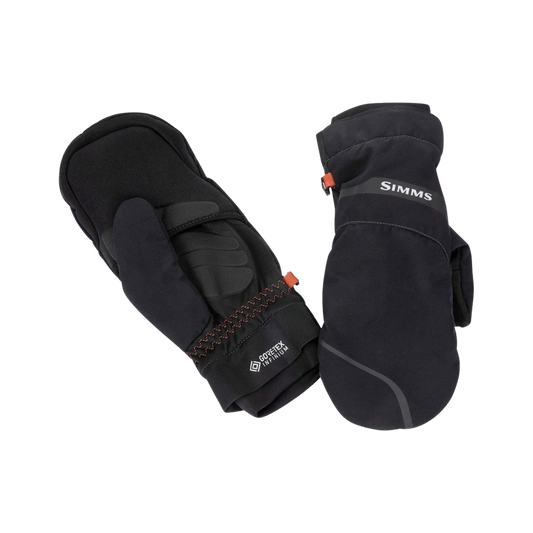 SIMMS GORE TEX EXSTREAM FOLDOVER MITT, BLACK COLOR, TOP AND BOTTOM VIEW, LOGO