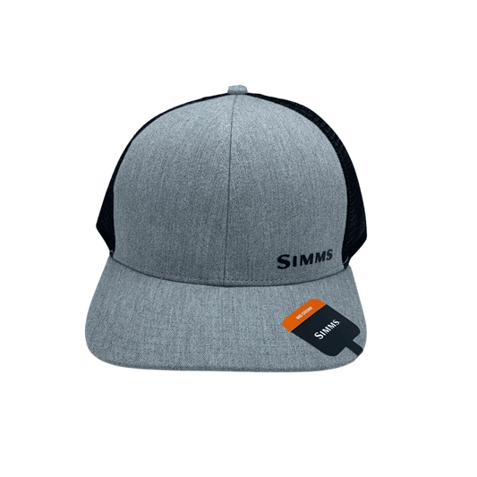 SIMMS ID TRUCKER CAP, HEATHER GREY, FRONT ANGLE, LOGO