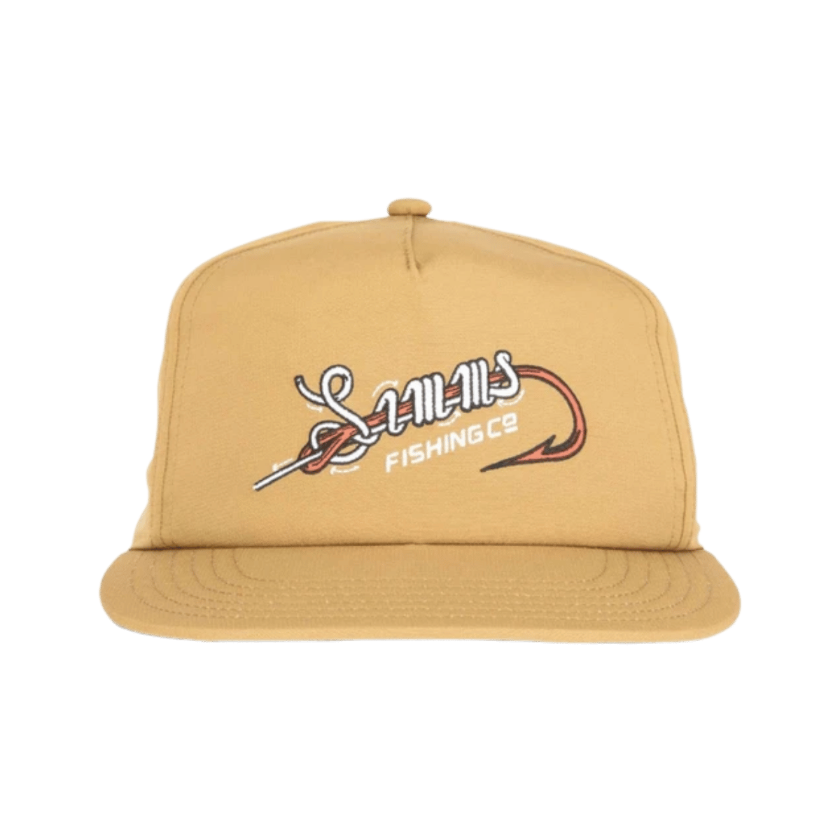 SIMMS UNSTRUCTURED FLAT BRIM CAP, FRONT ANGLE, LOGO, CAMEL COLOR