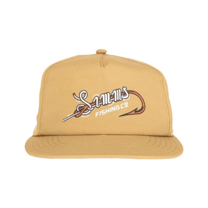 SIMMS UNSTRUCTURED FLAT BRIM CAP, FRONT ANGLE, LOGO, CAMEL COLOR