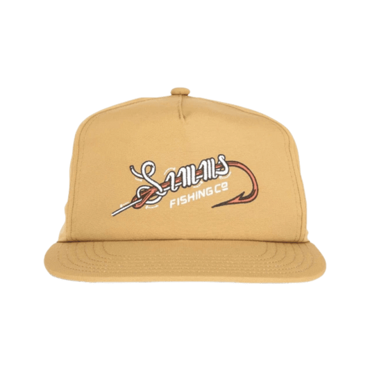 SIMMS UNSTRUCTURED FLAT BRIM CAP, FRONT ANGLE, LOGO, CAMEL COLOR