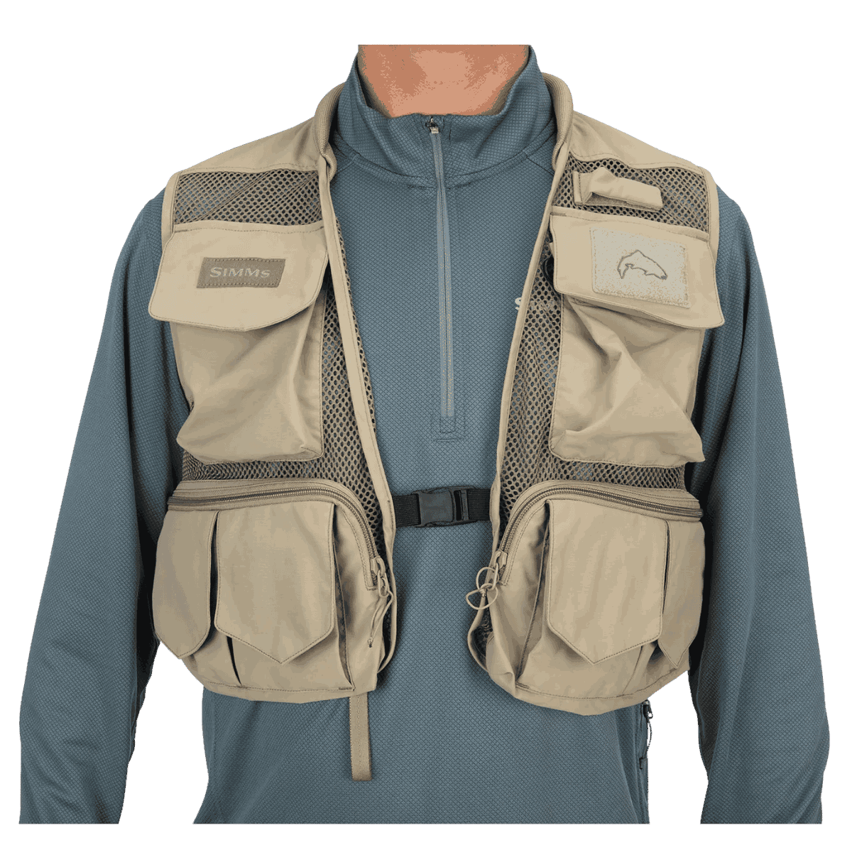 SIMMS TRIBUTARY FISHING NYLON VEST - TAN - FRONT VIEW WW