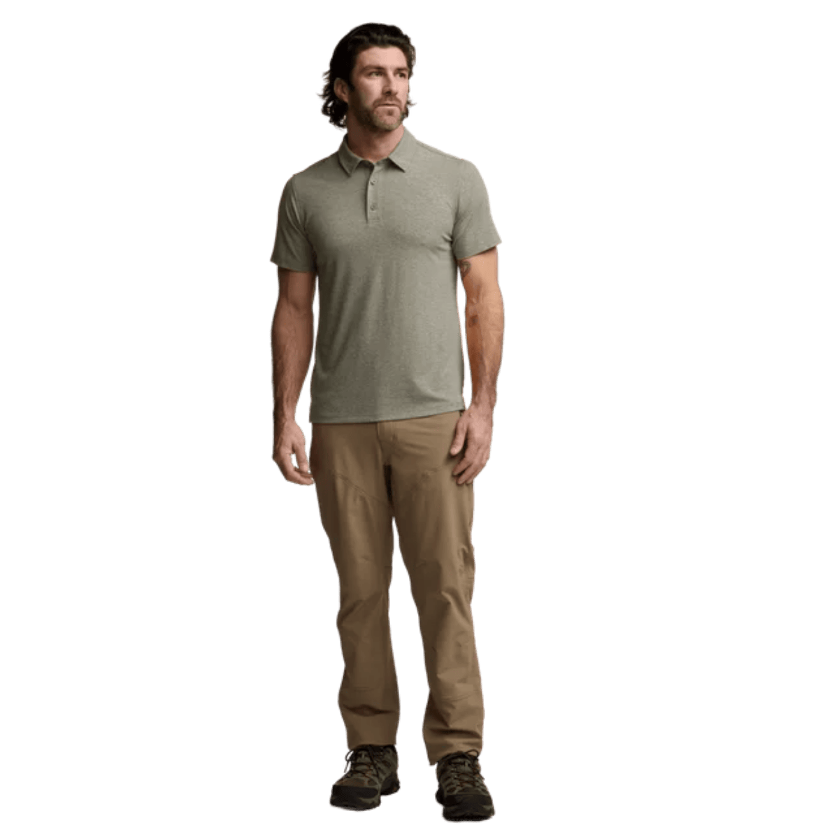 SITKA ESSENTIAL SHORT SLEEVE POLO W/ UPF 50+ - OAK HEATHER - FRONT VIEW WW