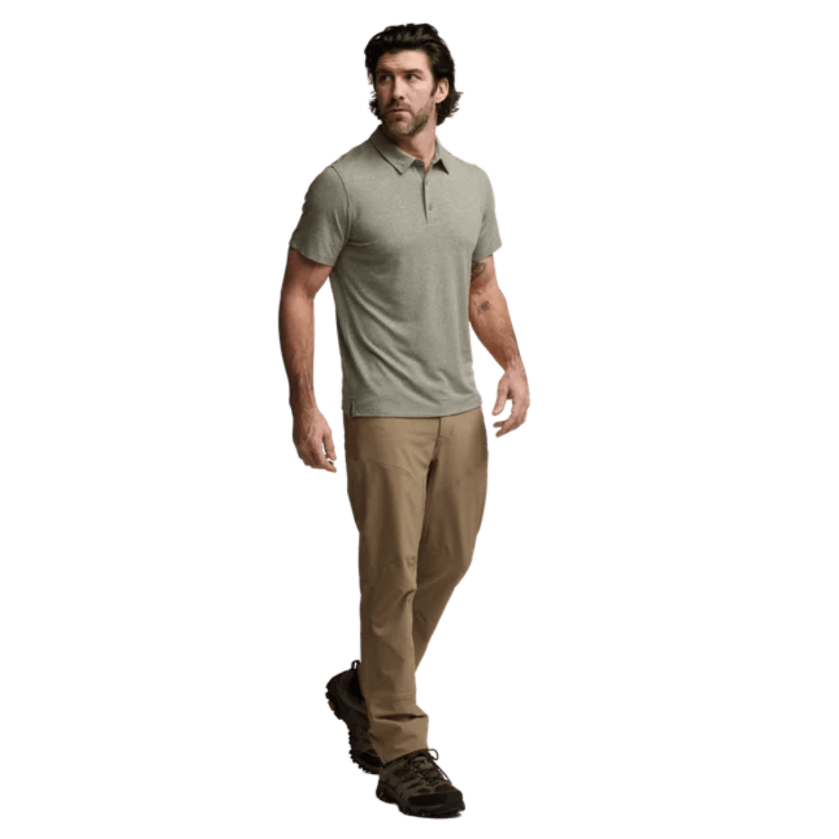 SITKA ESSENTIAL SHORT SLEEVE POLO W/ UPF 50+ - OAK HEATHER - SIDE VIEW WW