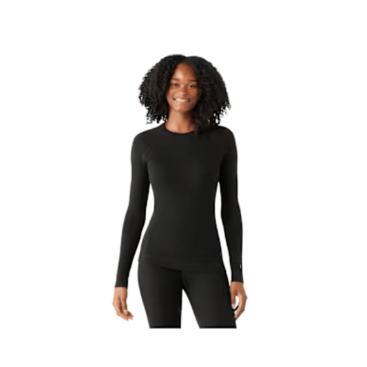 SMARTWOOL WOMEN'S MERINO BASE LAYER CREW BLACK, FRONT VIEW