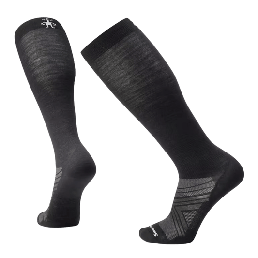 SMARTWOOL SKI EXTRA STRETCH ZERO CUSHION OVER THE CALF SOCKS - BLACK - FRONT AND BACK VIEW