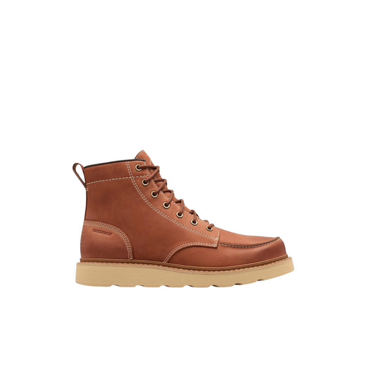 SOREL MEN'S SLABTOWN 62` MOC WATERPROOF BOOT - RUSTIC BROWN/CERAMIC, SIDE ANGLE, 09.0, 09.5, 10.0, 10.5, 11.0, 11.5, 12.0, 13.0