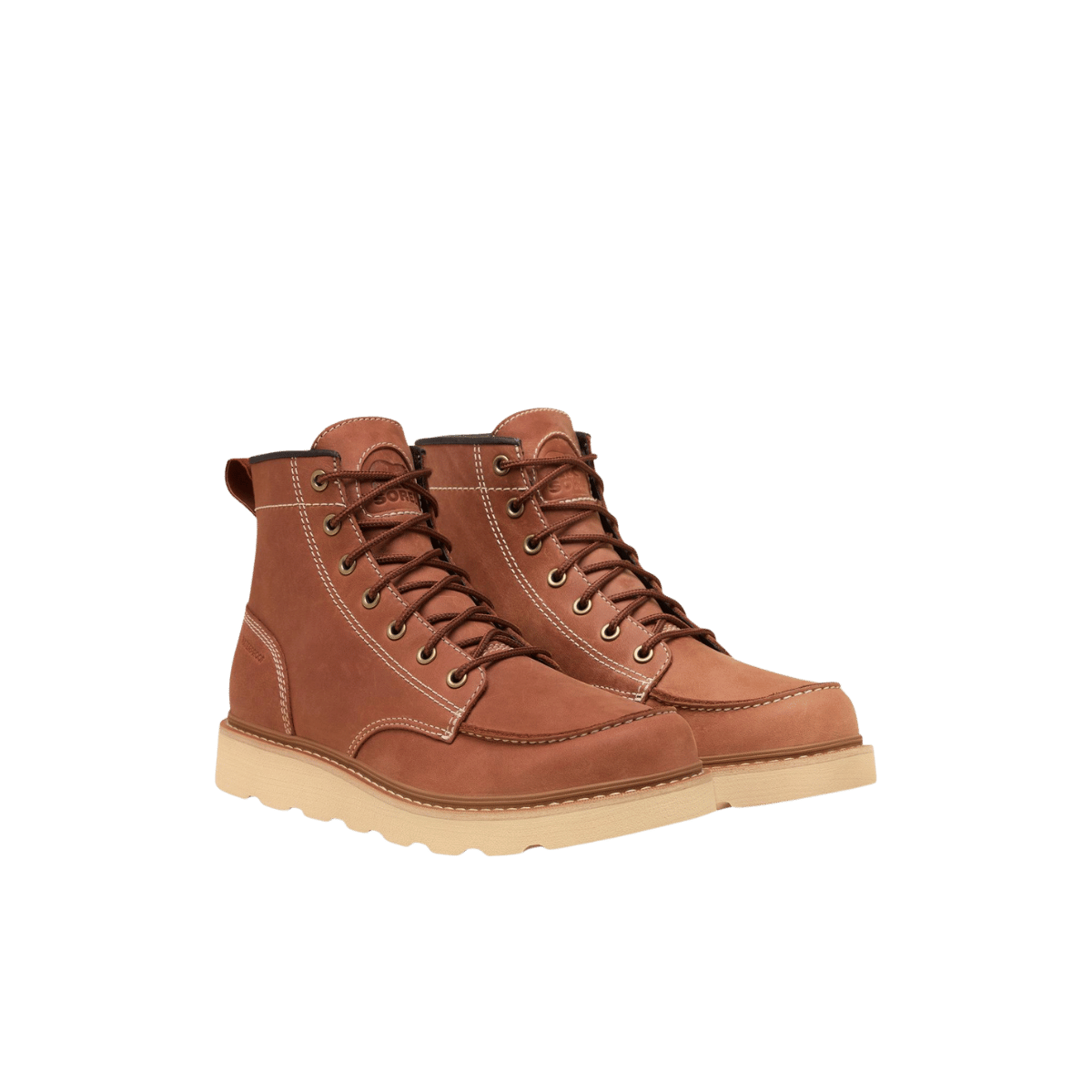 SOREL MEN'S SLABTOWN 62` MOC WATERPROOF BOOT - RUSTIC BROWN/CERAMIC, FRONT ANGLE, 09.0, 09.5, 10.0, 10.5, 11.0, 11.5, 12.0, 13.0