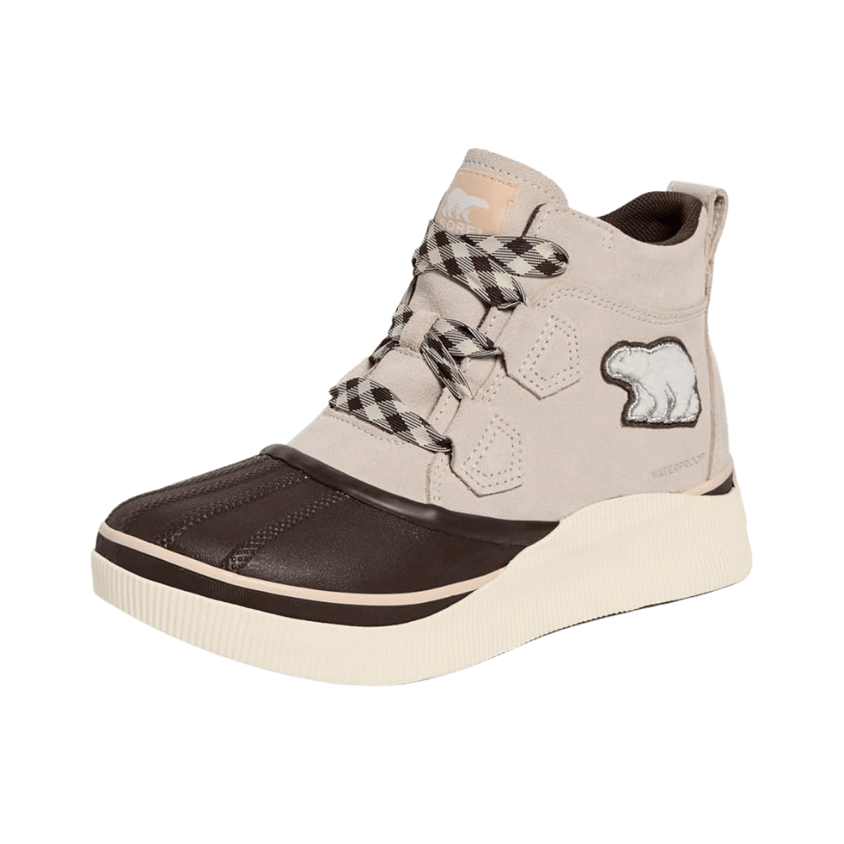 SOREL WOMEN'S OUT N ABOUT IV CLASSIC WATERPROOF - FAWN/MIDNIGHT COCOA, FRONT ANGLE, 06.5, 07.0, 07.5, 08.0, 08.5, 09.0, 09.5, 10.0