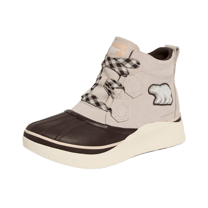 SOREL WOMEN'S OUT N ABOUT IV CLASSIC WATERPROOF - FAWN/MIDNIGHT COCOA, FRONT ANGLE, 06.5, 07.0, 07.5, 08.0, 08.5, 09.0, 09.5, 10.0