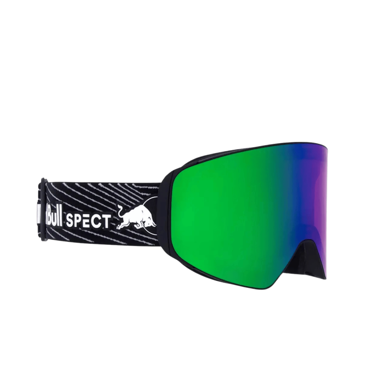 RED BULL SPECT JAM GOGGLES FOR SKIING AND SNOWBOARDING - BLACK FRAME-ROSE WITH GREEN MIRROR - SIDE VIEW