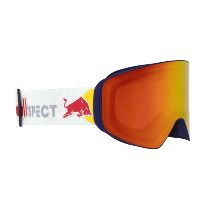RED BULL SPECT JAM GOGGLES FOR SKIING AND SNOWBOARDING - BLUE FRAME-BROWN WITH RED MIRROR - SIDE VIEW