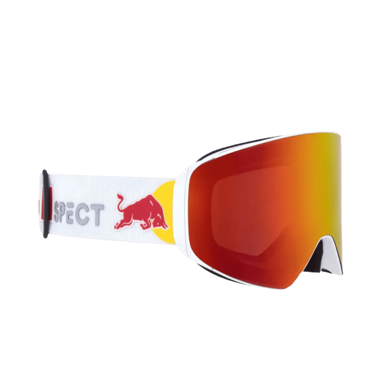 RED BULL SPECT JAM GOGGLES FOR SKIING AND SNOWBOARDING - WHITE FRAME-BROWN WITH RED MIRROR - SIDE VIEW