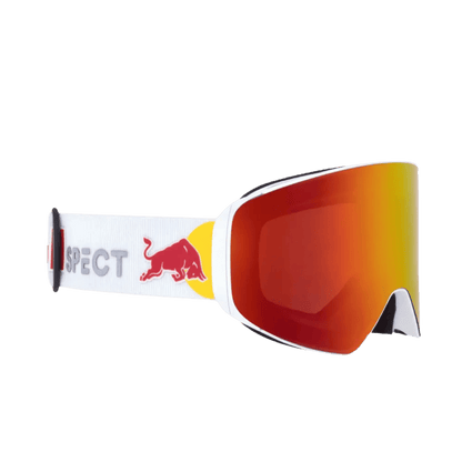 RED BULL SPECT JAM GOGGLES FOR SKIING AND SNOWBOARDING - WHITE FRAME-BROWN WITH RED MIRROR - SIDE VIEW