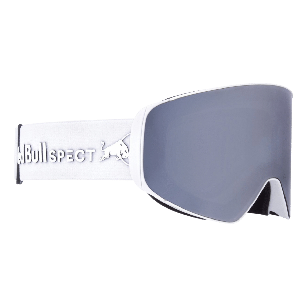 RED BULL SPECT JAM GOGGLES FOR SKIING AND SNOWBOARDING - WHITE FRAME - SMOKE WITH SILVER MIRROR - SIDE VIEW