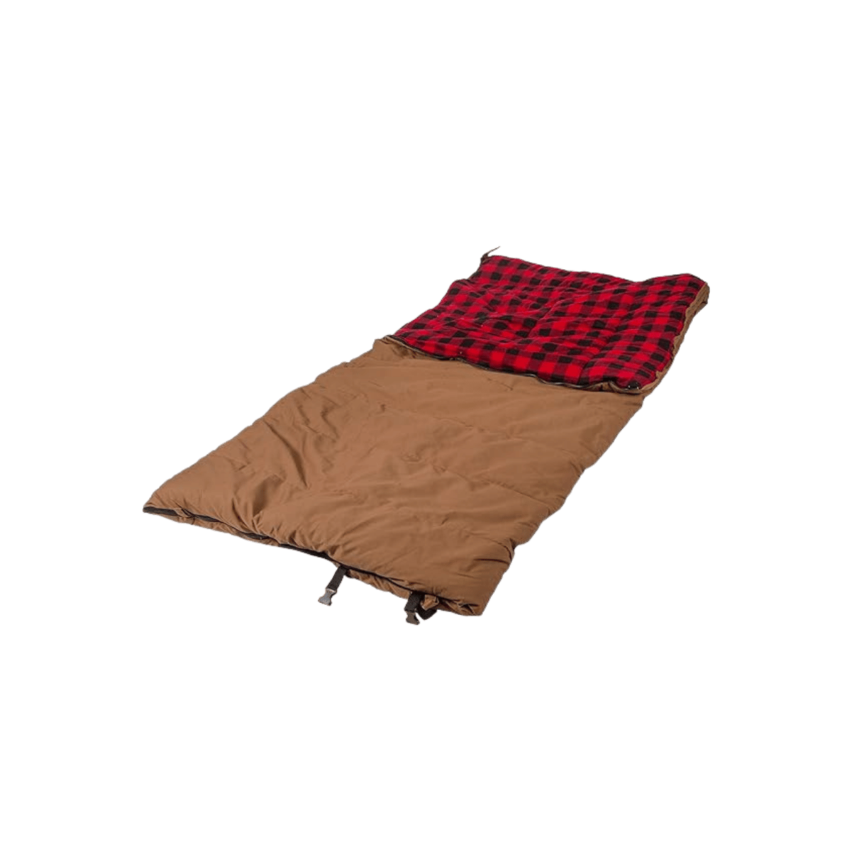 STANSPORT KODIAK CANVAS SLEEPING BAG - OPEN BROWN CANVAS SLEEPING BAG WITH RED PLAID LINING.