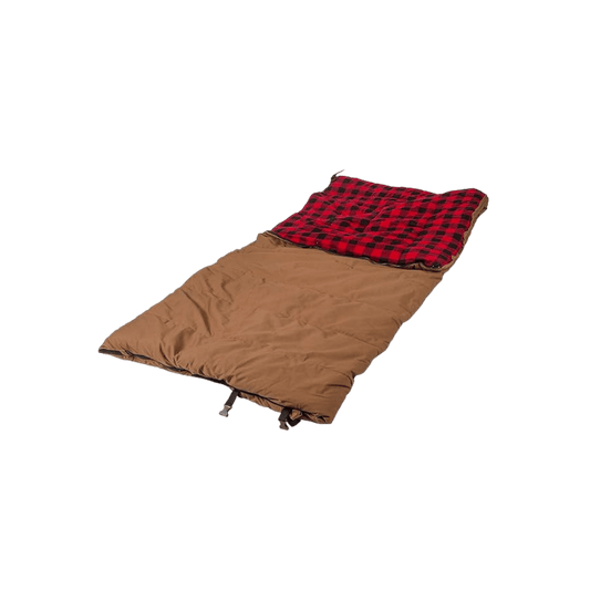 STANSPORT KODIAK CANVAS SLEEPING BAG - OPEN BROWN CANVAS SLEEPING BAG WITH RED PLAID LINING.