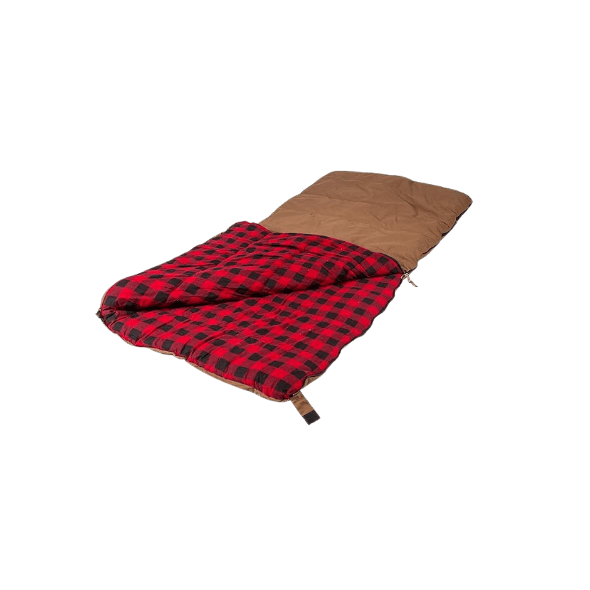 STANSPORT KODIAK CANVAS SLEEPING BAG - ANGLED VIEW OF OPEN BROWN SLEEPING BAG WITH RED PLAID INTERIOR