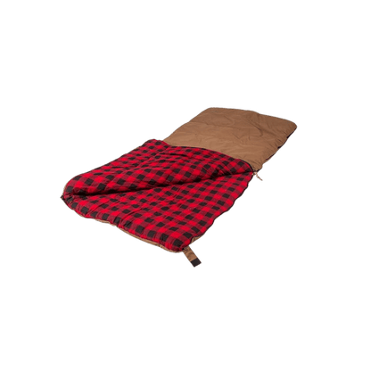 STANSPORT KODIAK CANVAS SLEEPING BAG - ANGLED VIEW OF OPEN BROWN SLEEPING BAG WITH RED PLAID INTERIOR