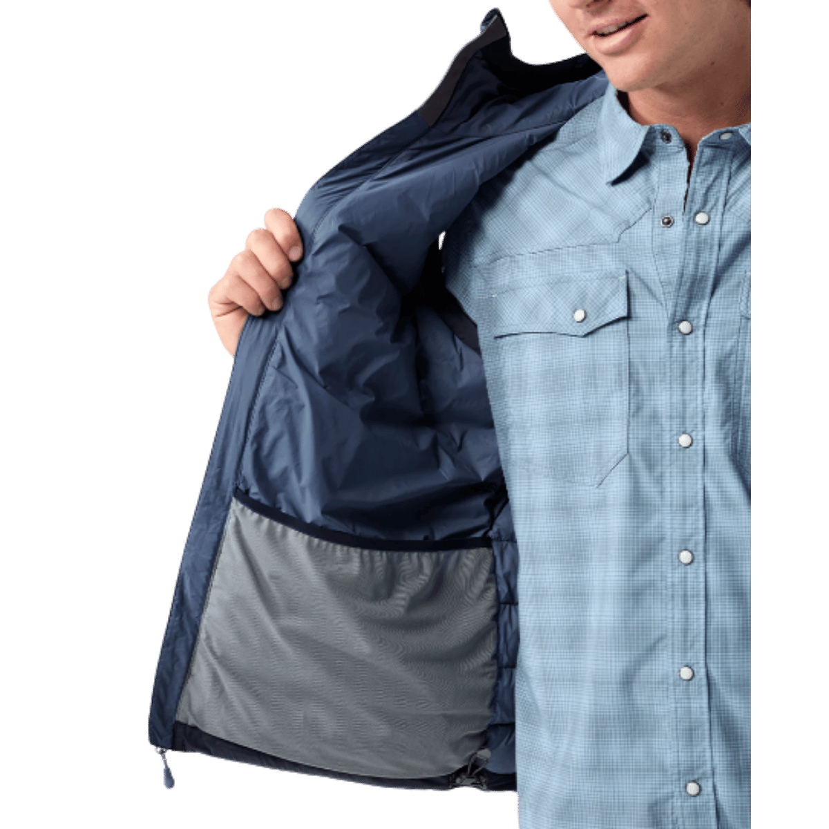 STIO HOMETOWN DOWN HOODED VEST - MOUNTAIN SHADOW ZOOMED POCKET ANGLE