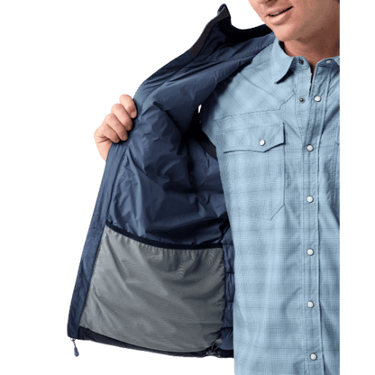 STIO HOMETOWN DOWN HOODED VEST - MOUNTAIN SHADOW ZOOMED POCKET ANGLE