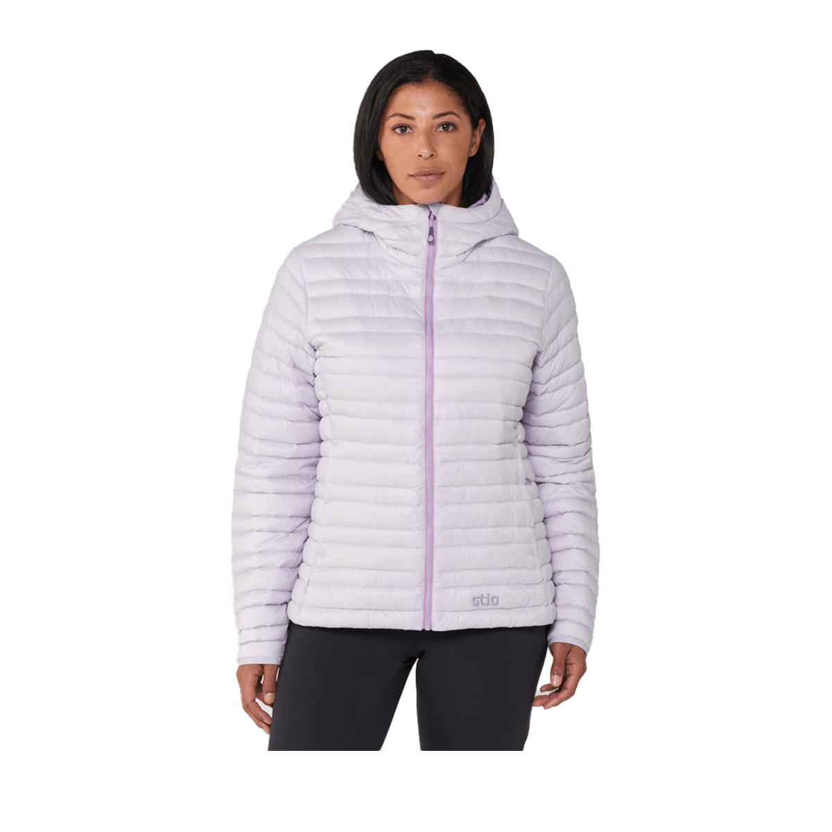 STIO WOEMN'S PINION DOWN HOODED JACKET - LAVENDER HAZE - ON MODEL FRONT